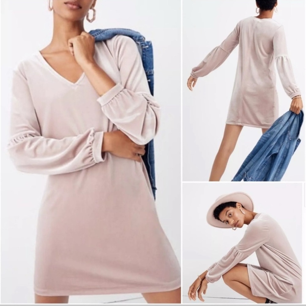 Madewell Pink Velvet Dress Size XXS Balloon Long Sleeve Velour V-Neck Shift